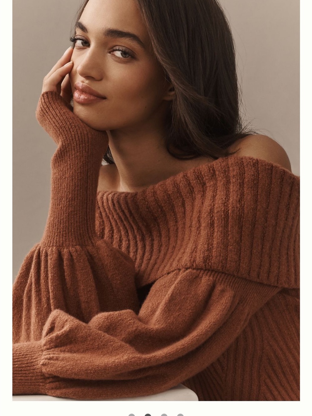 Off-Shoulder Ribbed Sweater in Rust - Picture 2 of 5